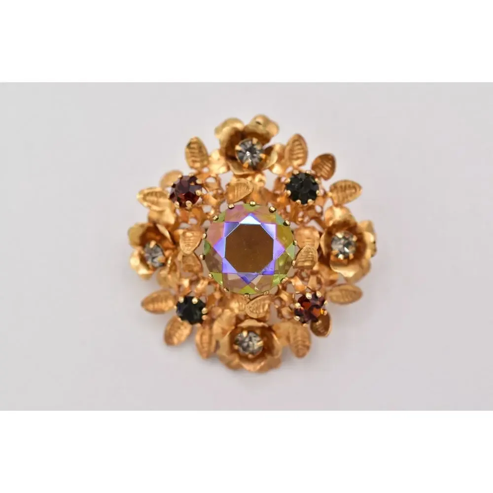 Vintage Austrian Crystal Pin Brooch Flower Gold Tone Aurora Borealis 1960s BinBI